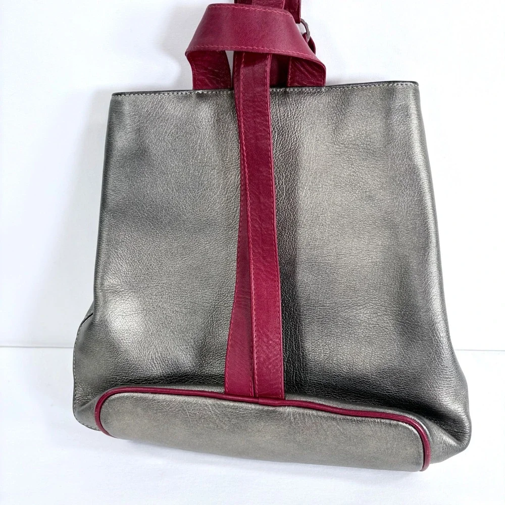 Cristina Orozco Metallic Pewter Leather Embroidered Backpack Burgundy Tassel